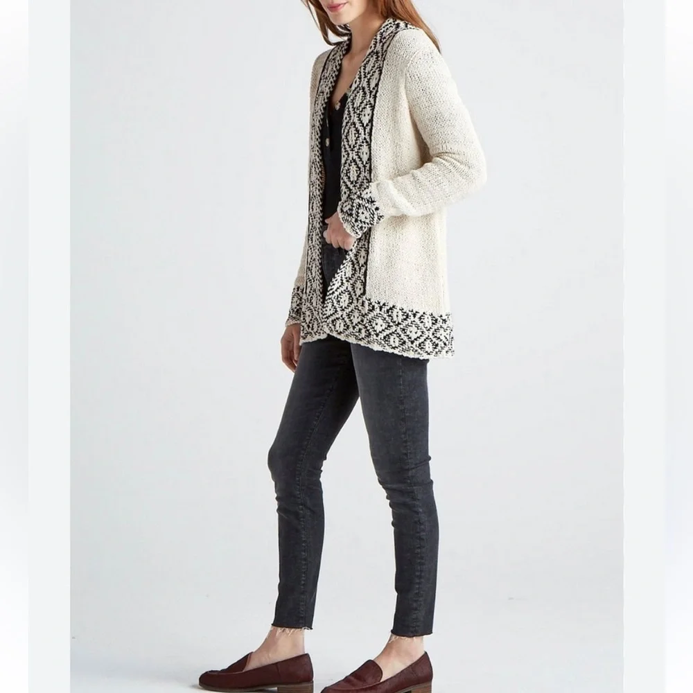Lucky Brand Novelty Stitch Cardigan Small Cream Black Cable Knit Open Sweater - Picture 4 of 10